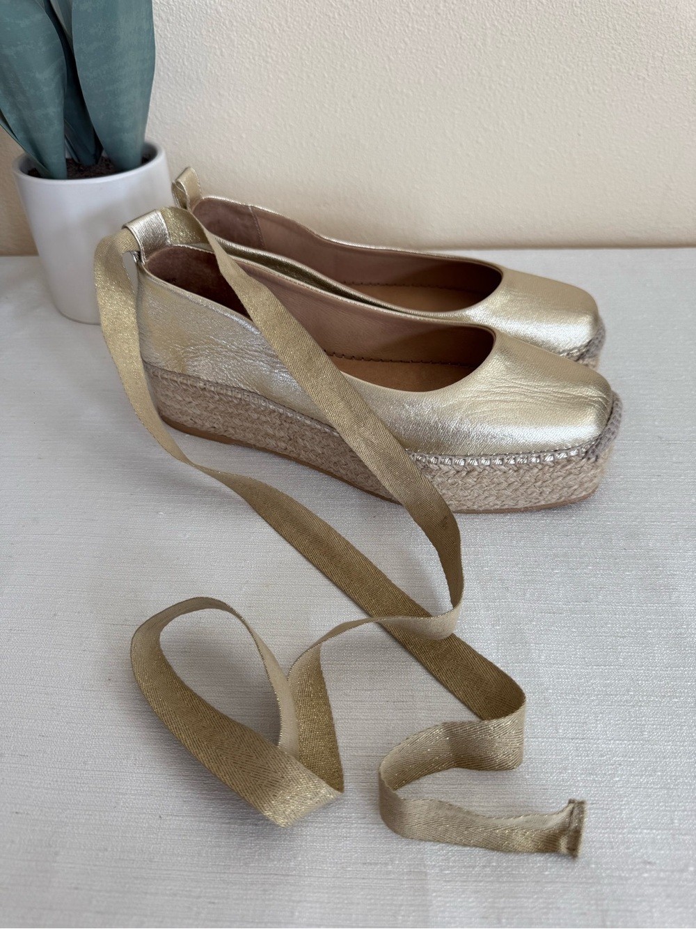 GAIMOGold Espadrille Platform Ballet Flats with Ankle Tie